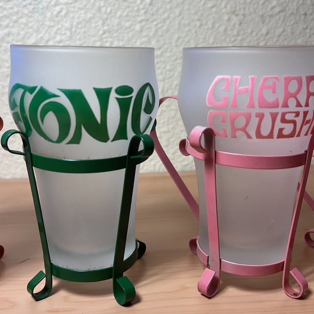 Vintage Set of 4 Soda Mug Glasses Metal Handle 1960’s Mid Century Fountain Shop - Picture 3 of 6